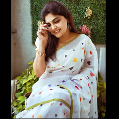 White Linen Designer Saree with multi colour heart Digital print