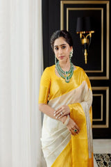 Yellow Lichi Silk Silver Jari Design With Jaquard Border