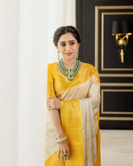 Yellow Lichi Silk Silver Jari Design With Jaquard Border