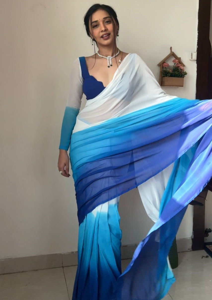 1-Min Ready to wear Georgette silk with Pedding design white and blue Colour