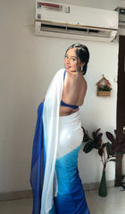 1-Min Ready to wear Georgette silk with Pedding design white and blue Colour