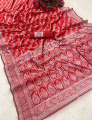 Red soft Lichi silk silver Jari Design With Beautiful Jaquard Border