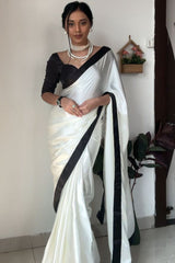 White soft Sattin Silk Saree with Black Lace Border