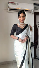 White soft Sattin Silk Saree with Black Lace Border