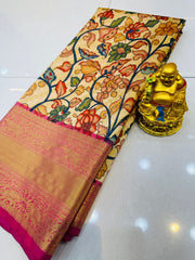 Kalamkari saree with brocade blouse and Jari Wewing Contrast Pallu