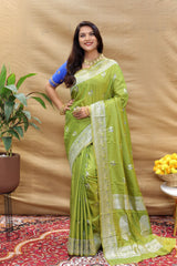 Soft Silk Handloom Saree with Silver Jari  Border