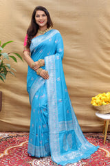 Soft Silk Handloom Saree with Silver Jari  Border