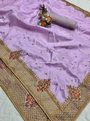 Pure Silk Saree With multi color Kashmiri embroidery work