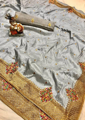 Pure Silk Saree With multi color Kashmiri embroidery work