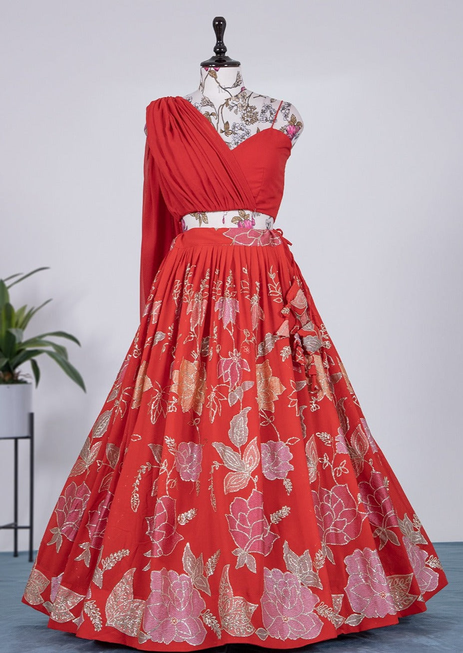 Red Georgette Lehanga Sequins and Thread Embroidery Work