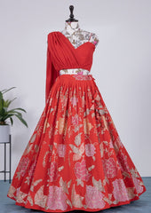 Red Georgette Lehanga Sequins and Thread Embroidery Work