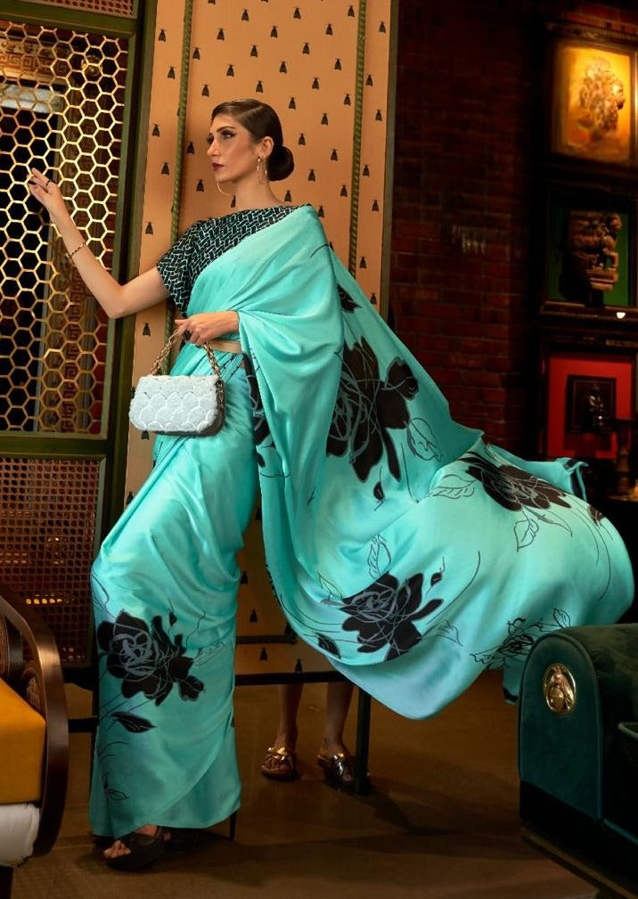 Satin Saree With Printed Detail And Unstitched Blouse Piece