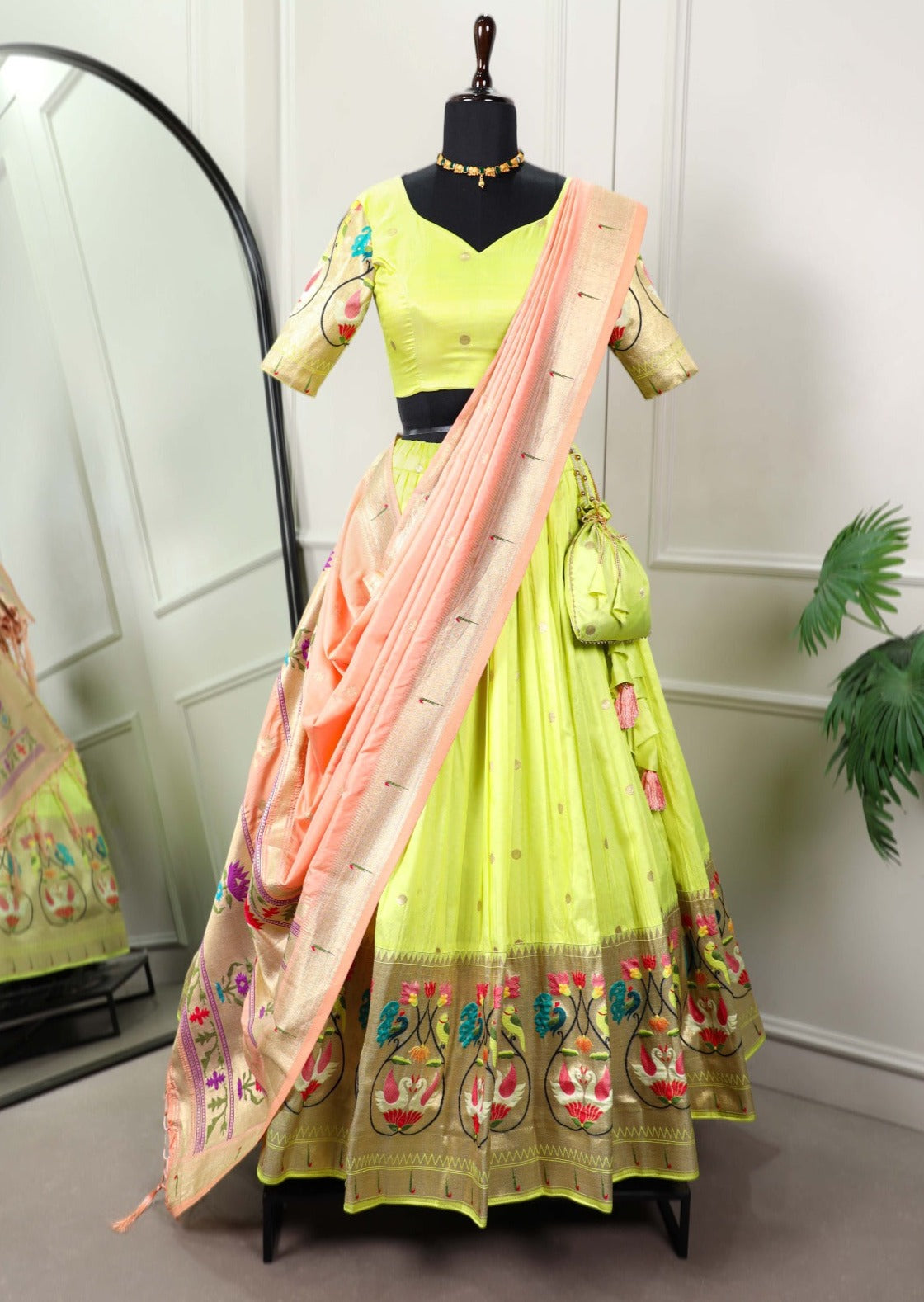 Parrot Green Jacquard Silk Lehanga with Weaving Zari Work