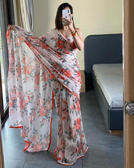 1- Min Ready to Wear Georgette Silk with Beautiful Multi Colour Flower Design