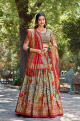 Kalamkari Tussar Silk Lehenga Blouse  Dupatta Set