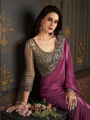 Magenta Satin Silk Saree with Beautiful Design