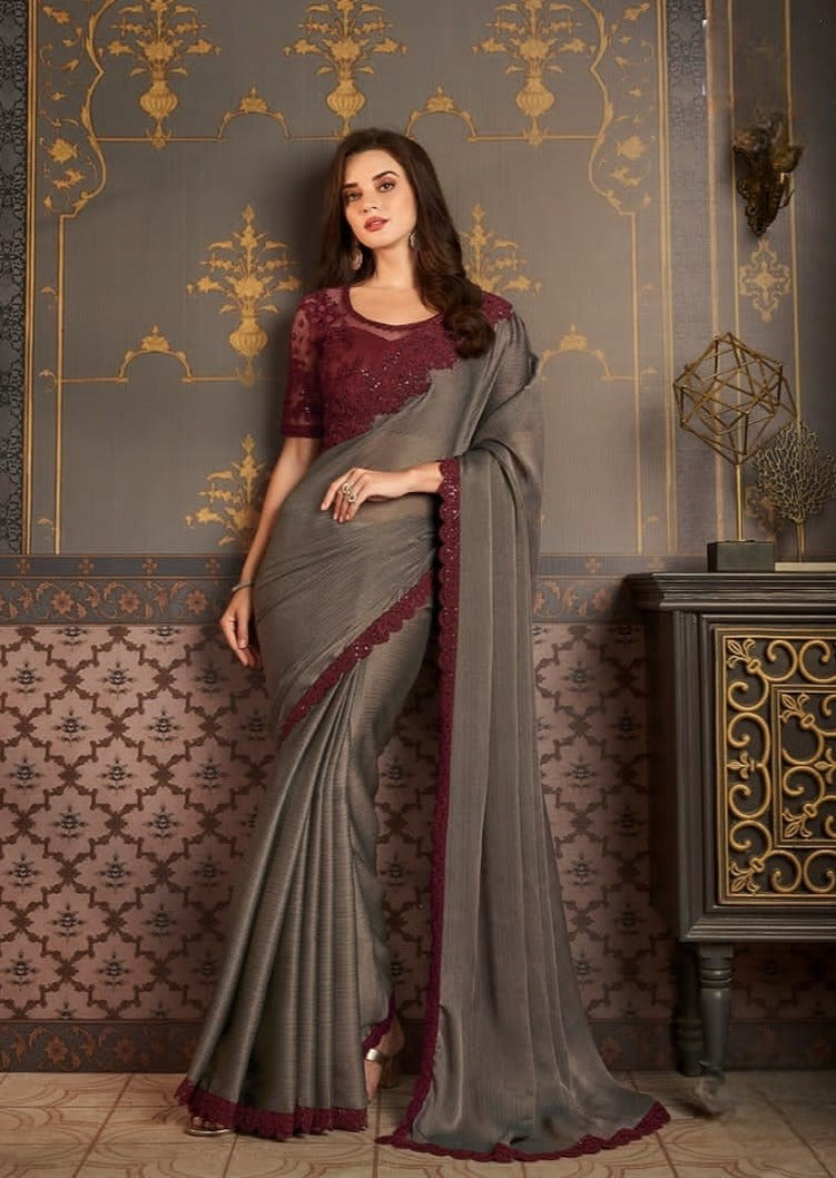 Grey Satin Silk Saree with Beautiful Design