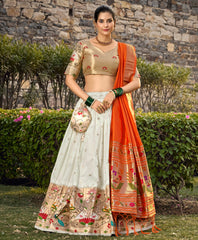 White Jacquard Silk Paithani Lehenga Choli Set