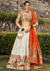 White Jacquard Silk Paithani Lehenga Choli Set