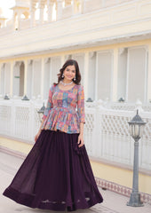 Flower Digital Print & Embroidered work Blouse and Crushed Lehenga Co-ord  Set