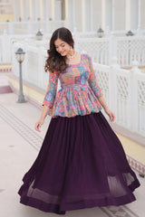 Flower Digital Print & Embroidered work Blouse and Crushed Lehenga Co-ord  Set