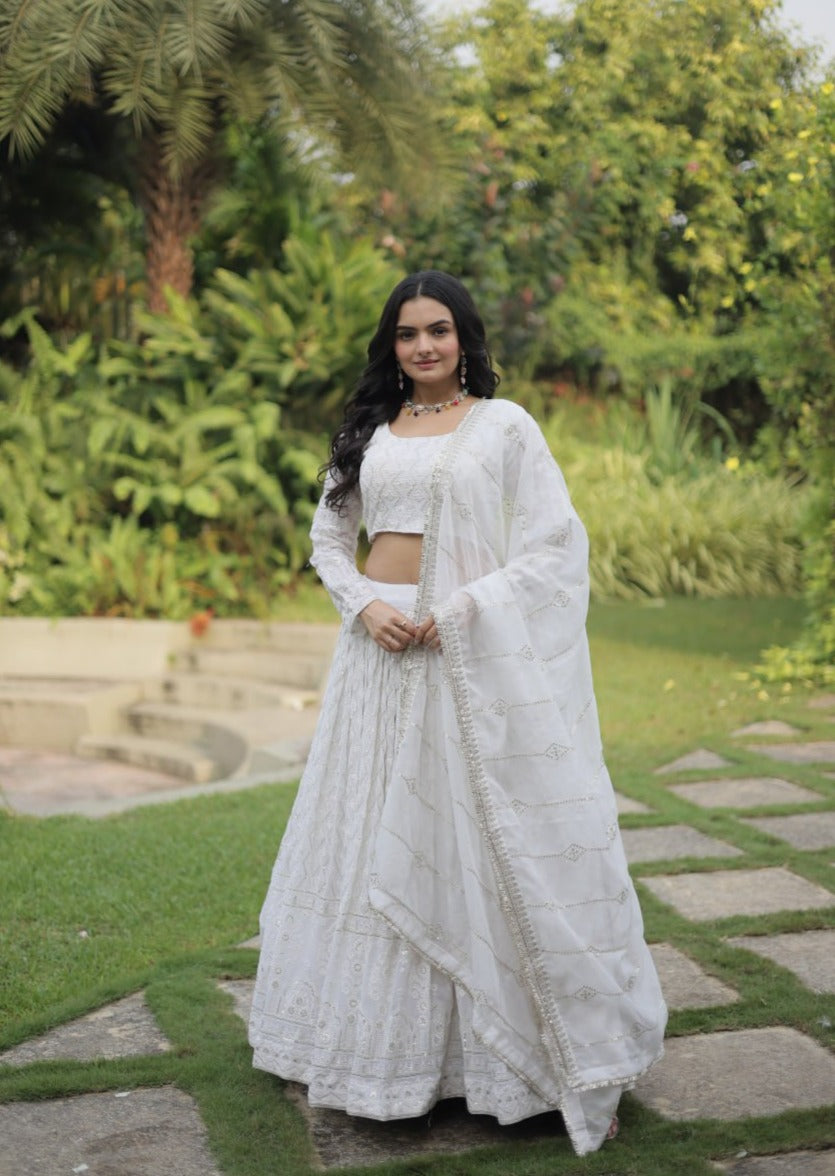 White Georgette With Heavy Sequins And Thread Embroidered Lehanga Set