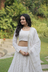 White Georgette With Heavy Sequins And Thread Embroidered Lehanga Set