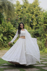 White Georgette With Heavy Sequins And Thread Embroidered Lehanga Set