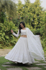 White Georgette With Heavy Sequins And Thread Embroidered Lehanga Set