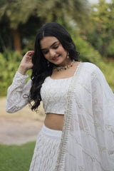 White Georgette With Heavy Sequins And Thread Embroidered Lehanga Set