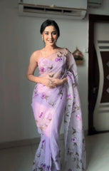 1- Min Ready To wear Organza silk Saree with beautiful pastel colour flower design