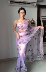 1- Min Ready To wear Organza silk Saree with beautiful pastel colour flower design