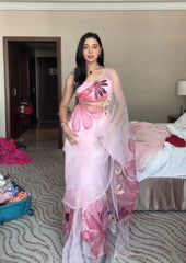 1- Min Ready To Wear Organza Silk Saree with Beautiful lite pink