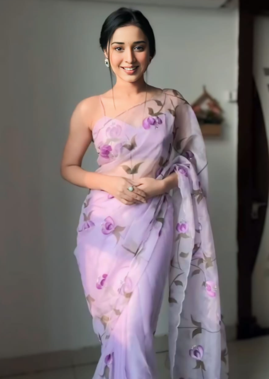 1- Min Ready To wear Organza silk Saree with beautiful pastel colour flower design