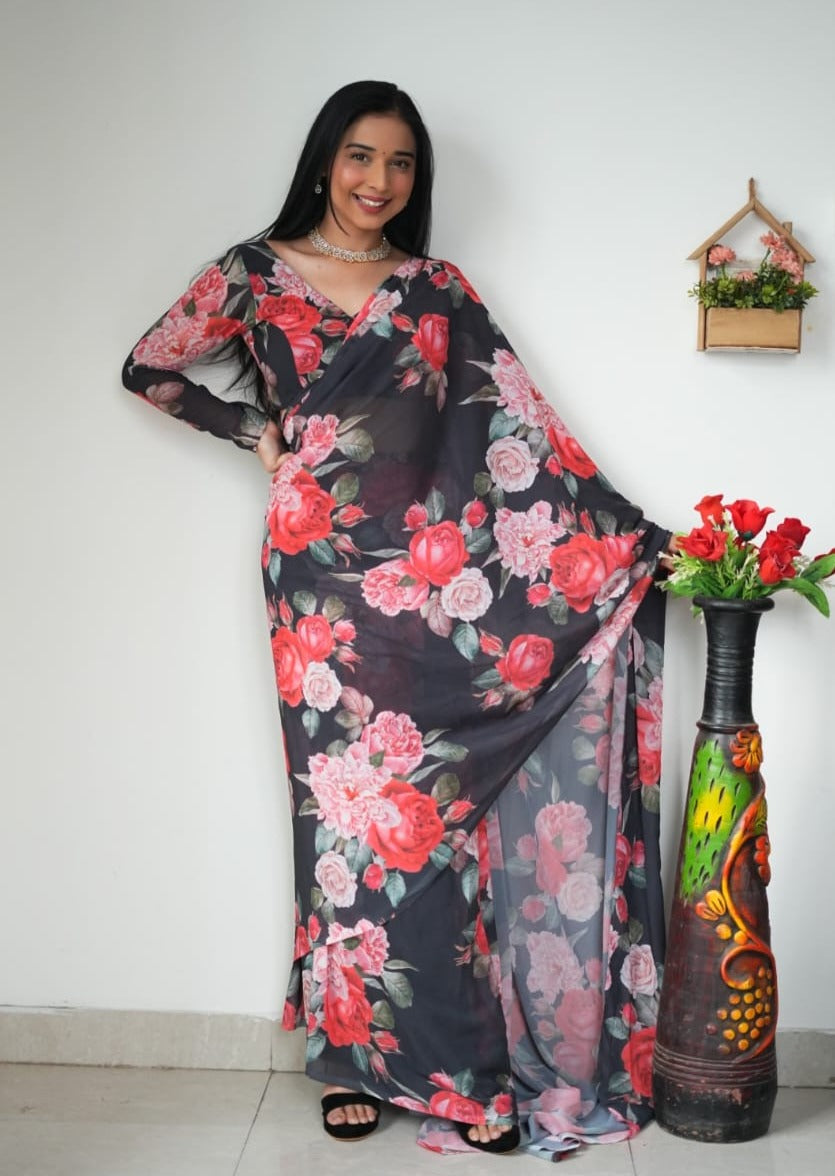 1- Min Ready To Wear Georgette Silk Saree in Black