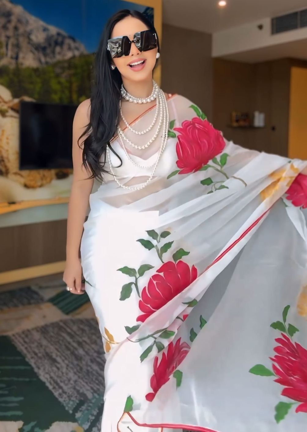 1- Min Ready To Wear  Georgette silk Saree with Beautiful in white