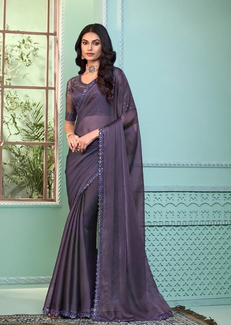 Gray Crystal Georgette Saree with Beautiful Design