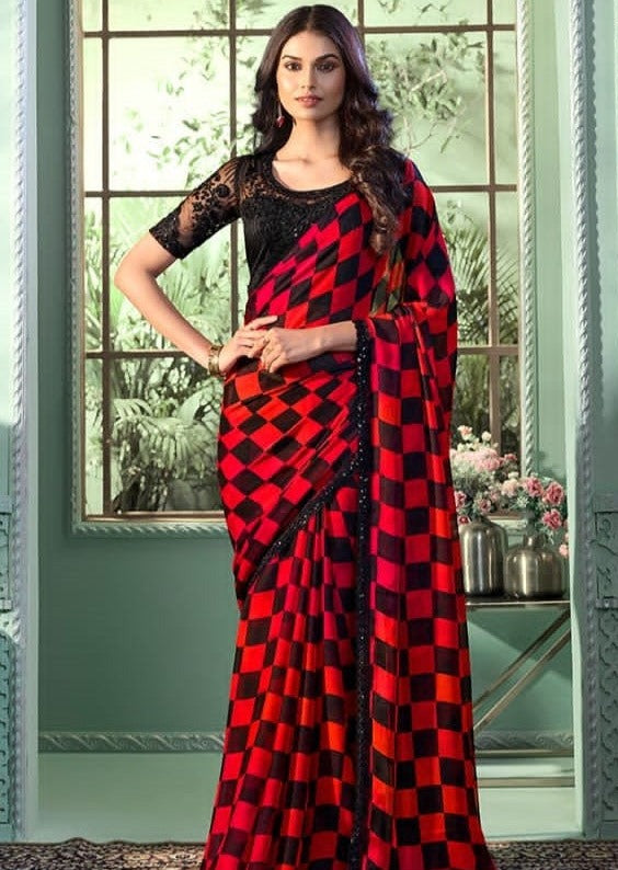 Red chiffon Silk Saree With Embroidered Border