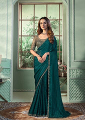 Green Silver Pattern Georgette Saree with Embroidered Border