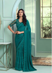 Teal Rainbow Pattern Georgette Saree with Stone Work