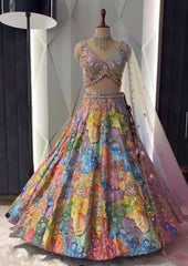 Multi colour Flared Printed Sequins Embroidery Work Lehenga Set