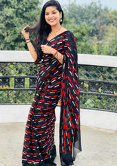 Black Georgette With Red Dhaga & Sequence Lining Work All Over Saree