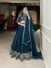 Teal Georgette Sequins and Thread Embroidery Work Lehenga Set