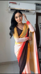 Ready to wear Georgette silk Saree with Beautiful yellow and coffee colours design