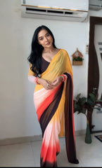 Ready to wear Georgette silk Saree with Beautiful yellow and coffee colours design