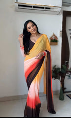 Ready to wear Georgette silk Saree with Beautiful yellow and coffee colours design