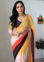 Ready to wear Georgette silk Saree with Beautiful yellow and coffee colours design