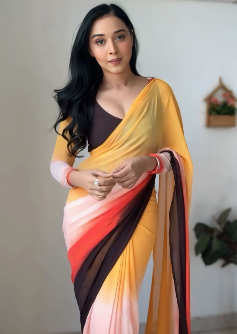 Ready to wear Georgette silk Saree with Beautiful yellow and coffee colours design