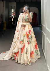 White Georgette Floral Print With Lace Border Lehenga Set