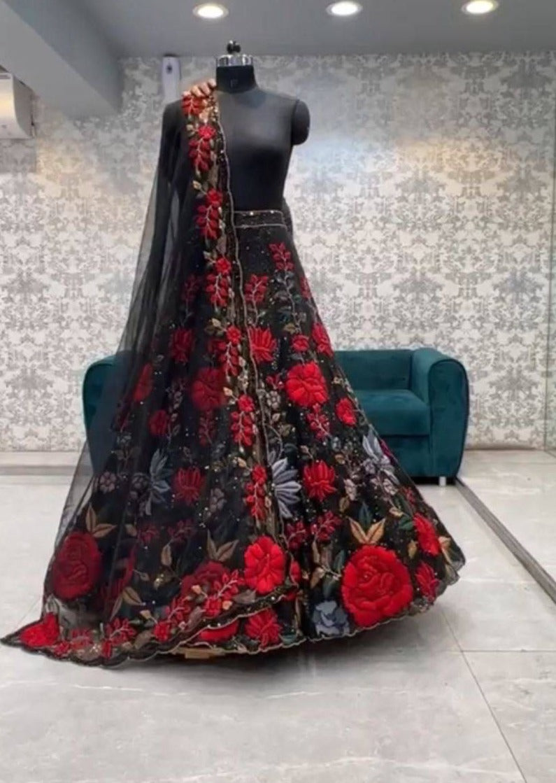 Black Net Sequins Embroidered Work Lehenga Choli Set